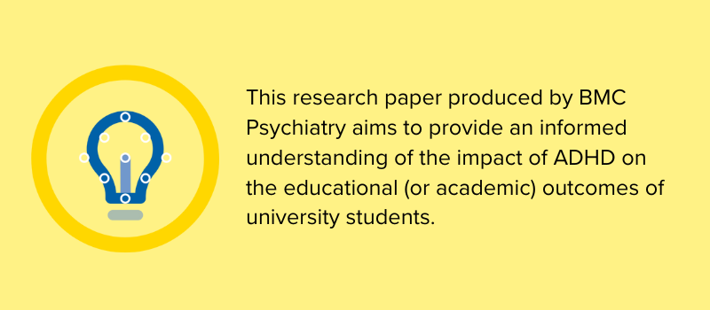 This research paper produced by BMC Psychiatry aims to provide an informed understanding of the impact of ADHD on the educational (or academic) outcomes of university students