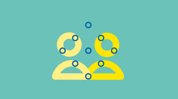 A yellow icon showing a silhouette of two people on a teal background, overlaid with blue dots arranged in a diamond shape.