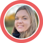 A photo of Beth smiling outside, contained within a red outer circle