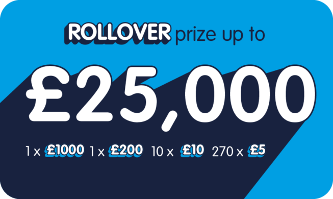 Image showing the wording 'rollover prize up to £25,000' plus 1x £1000 1x £200 10x £10 and 270x £5
