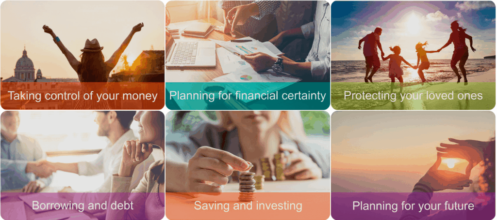A screenshot showing the support available on the Financial Wellbeing Hub, including "Taking control of your money", "Borrowing and debt", and "Saving and investing"