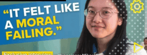 smiley charity film awards finalist banner with yellow smiley face logo and a photo of Mikaela smiling next to the quote "it felt like a moral failing"