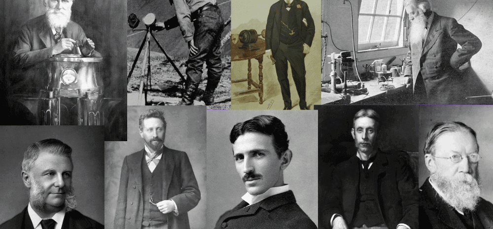 A collage of portraits of prominent engineers, including Tesla, Kelvin and Siemens