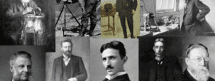 A collage of portraits of prominent engineers, including Tesla, Kelvin and Siemens