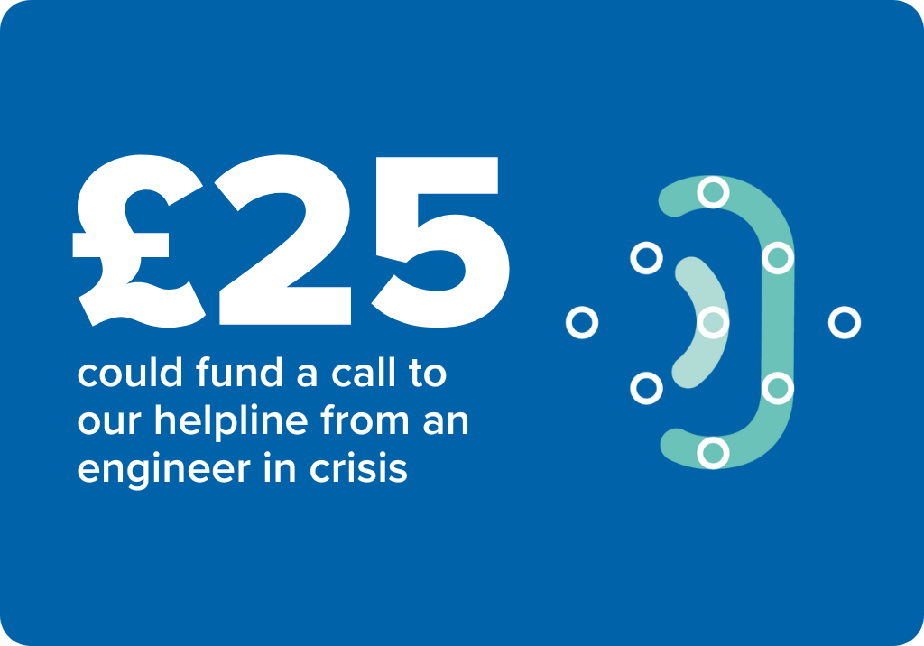 A graphic with a blue background showing a Foothold teal icon of an ear, which reads: "£25 could fund a call to our helpline from an engineer in crisis."